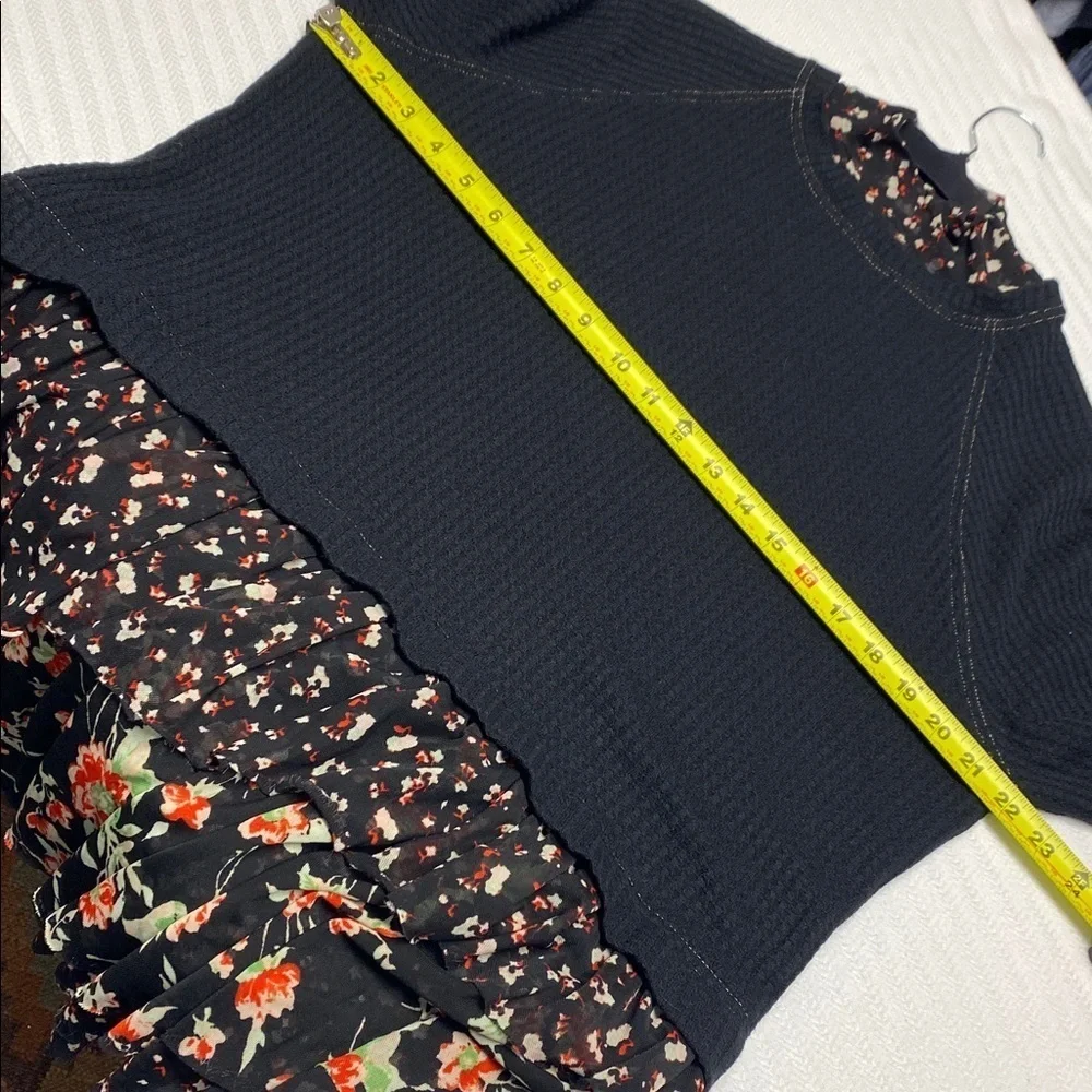 Free People Opposites Attract Mini Dress Black Waffle Top Floral Tiered Skirt XS
